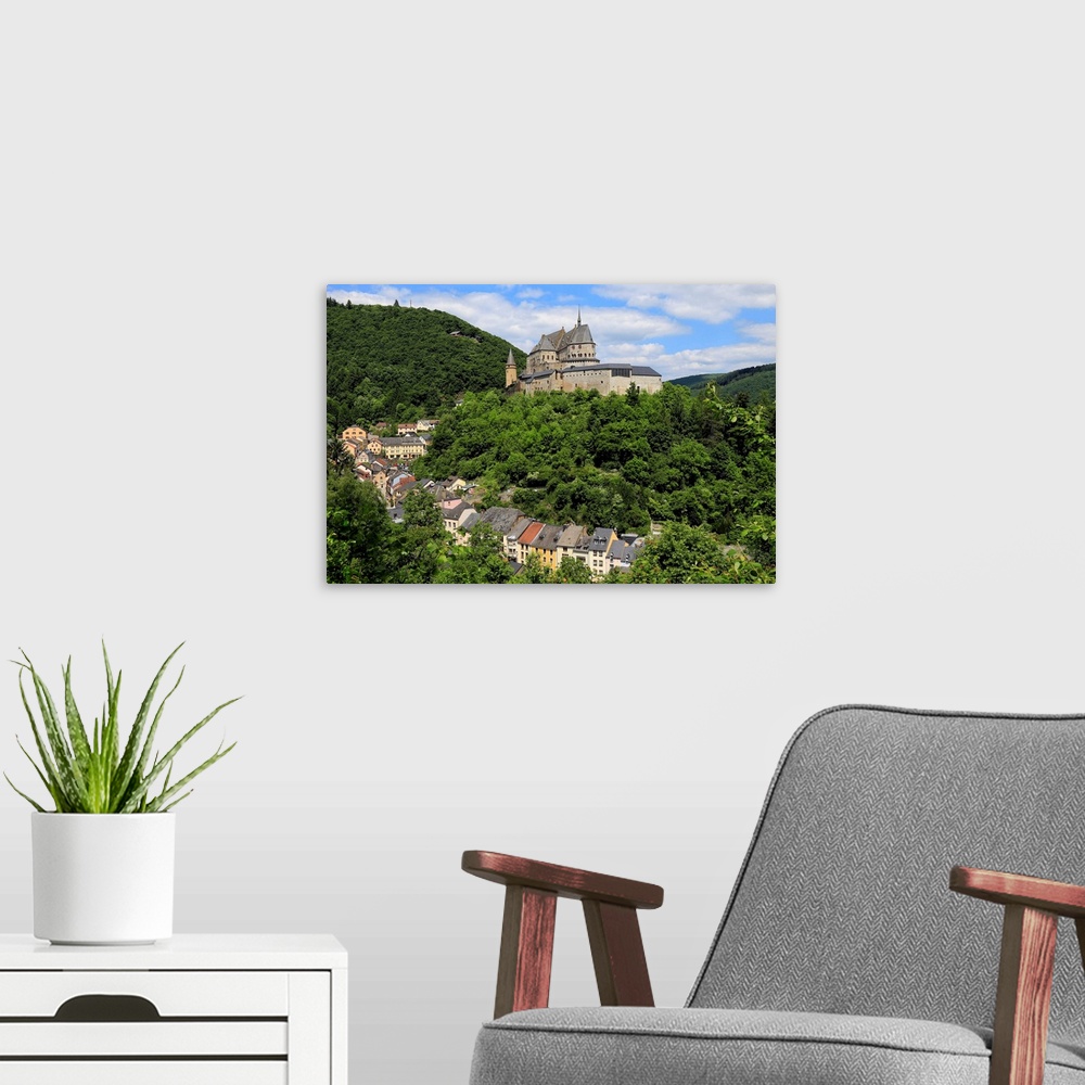 A modern room featuring Vianden Castle above the Town of Vianden on Our River, Canton of Vianden, Grand Duchy of Luxembourg