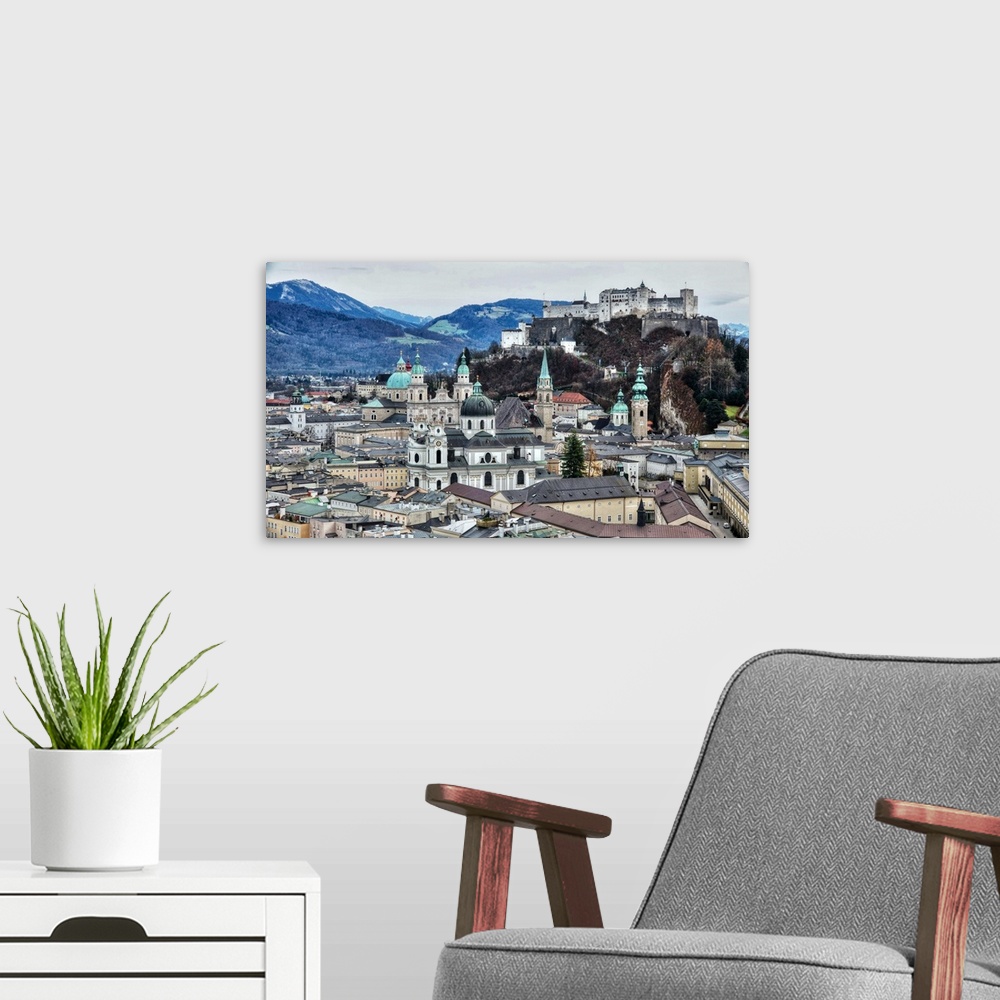A modern room featuring View from Monchsberg Hill towards old town, Salzburg, Austria