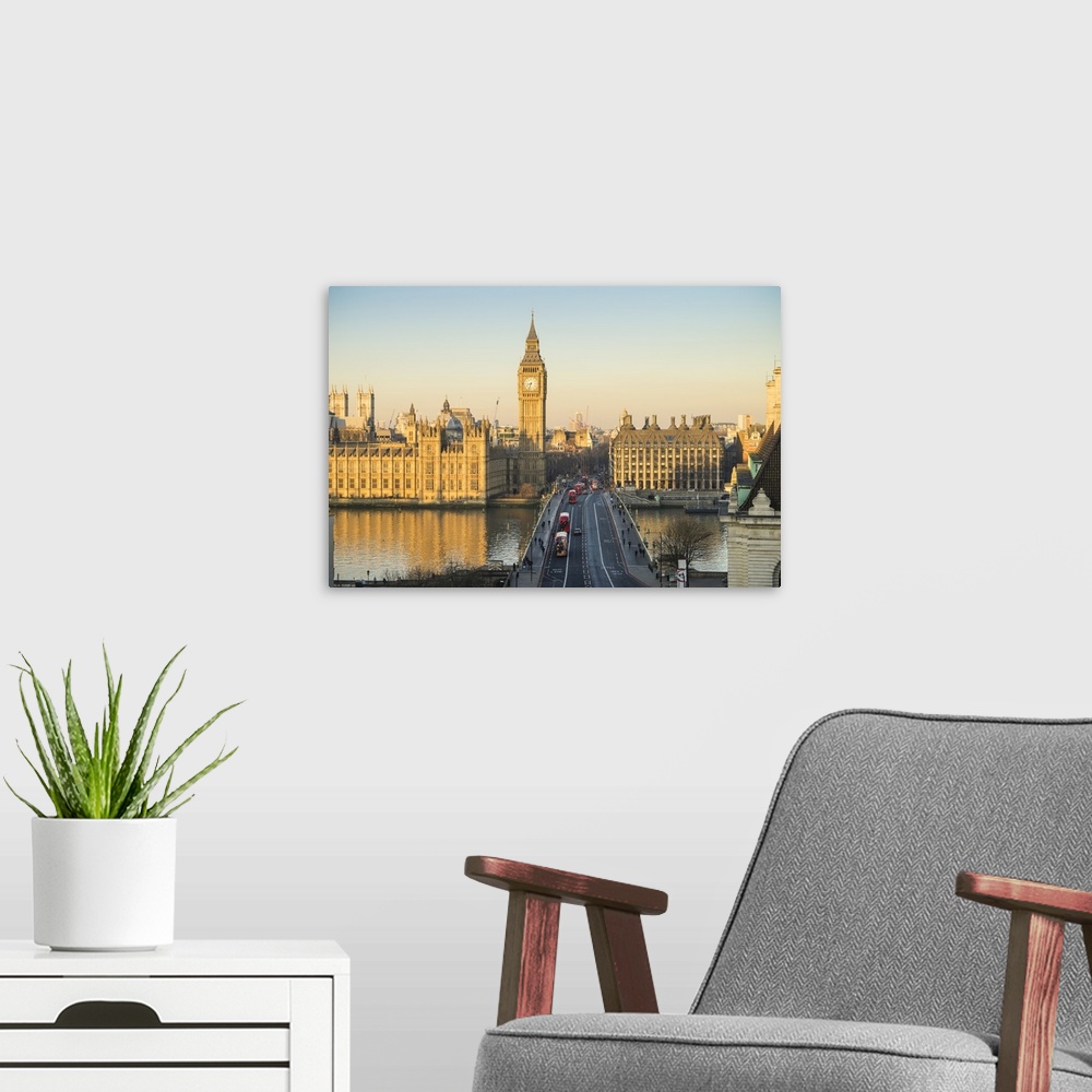 A modern room featuring High angle view of Big Ben, the Palace of Westminster, and Westminster Bridge, London, England