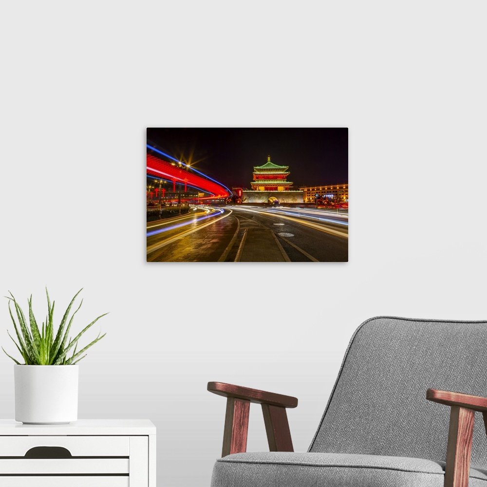 A modern room featuring View of famous Bell Tower in Xi'an city centre at night, Xi'an, Shaanxi Province, People's Republ...