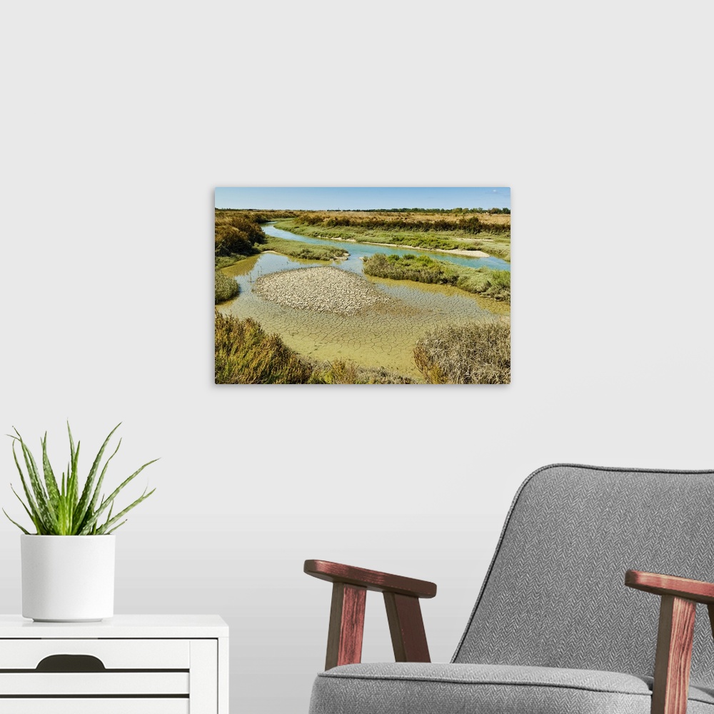 A modern room featuring Waterways and cracked mud in the salt marshes of the island's west, near Le Griveau, Ars en Re, I...