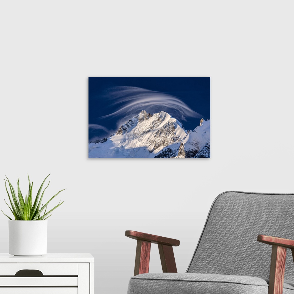A modern room featuring White cloud at dawn lights up Piz Bernina and Biancograt, Engadine, Canton of Graubunden, Engadin...
