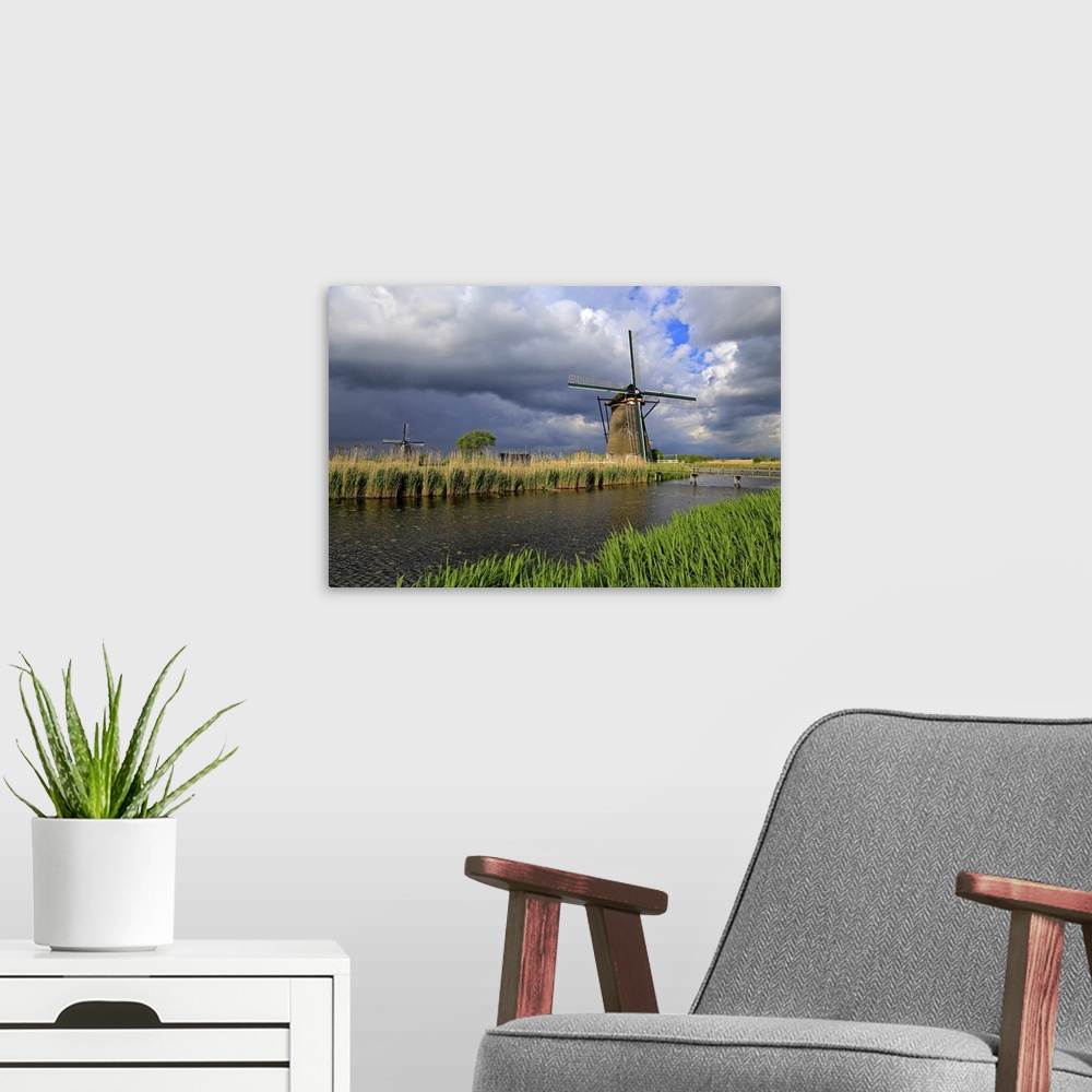 A modern room featuring Windmills in Kinderdijk, UNESCO World Heritate Site, South Holland, Netherlands