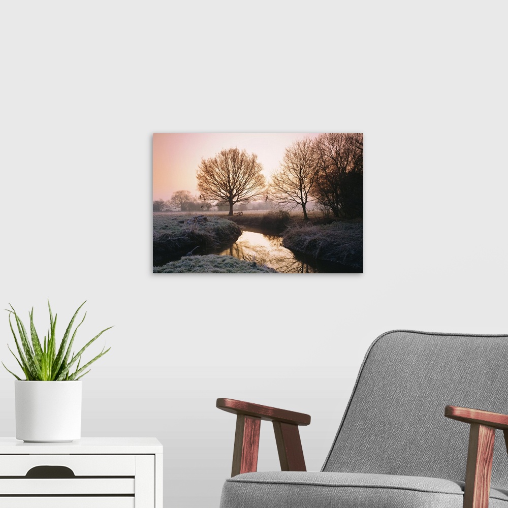 A modern room featuring Winter dawn on the River Bourne, Chobham, Surrey, England, UK