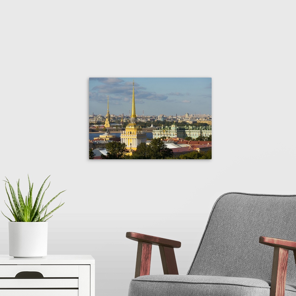 A modern room featuring Overview of the Winter Palace, the Admiralty, and the St. Peter and Paul Fortress along the banks...