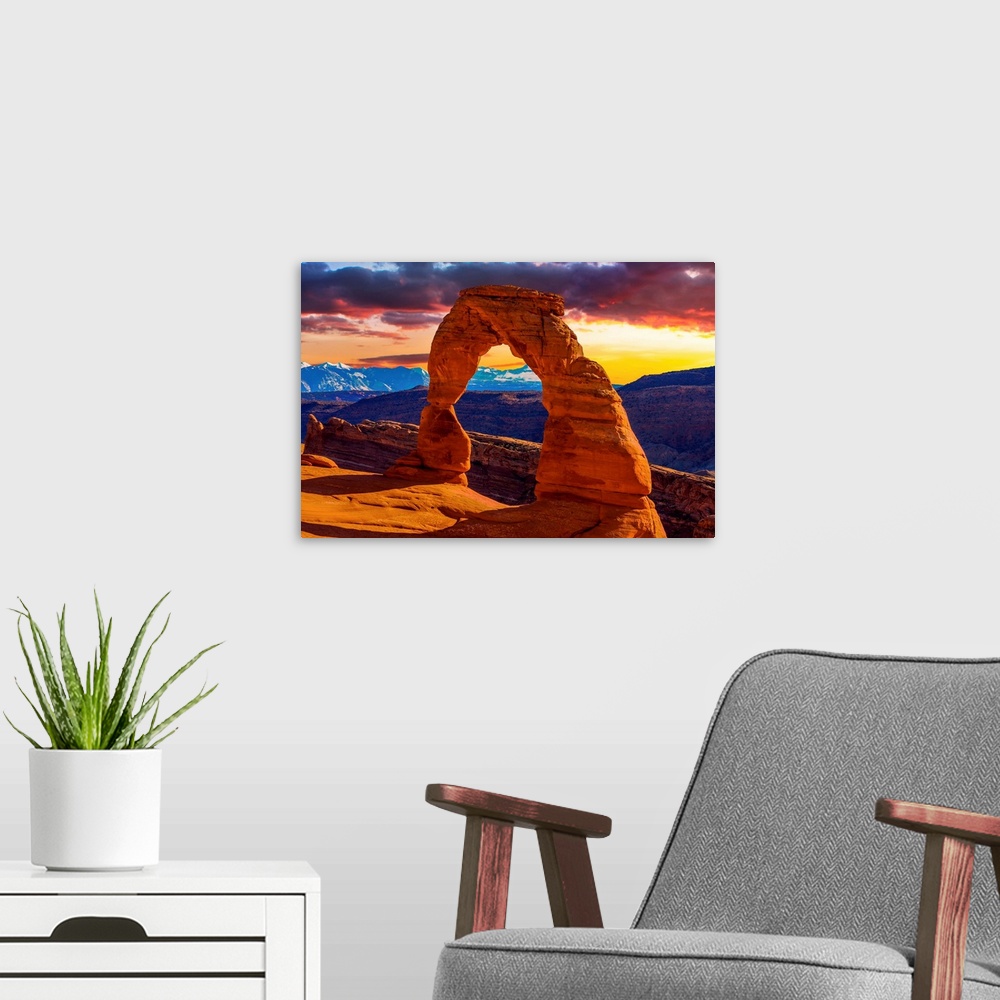 A modern room featuring Beautiful Sunset Image taken at Arches National Park in Utah.