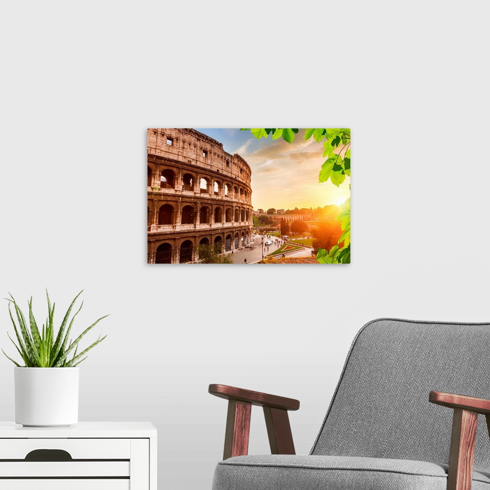 A modern room featuring Colosseum at sunset in Rome, Italy.