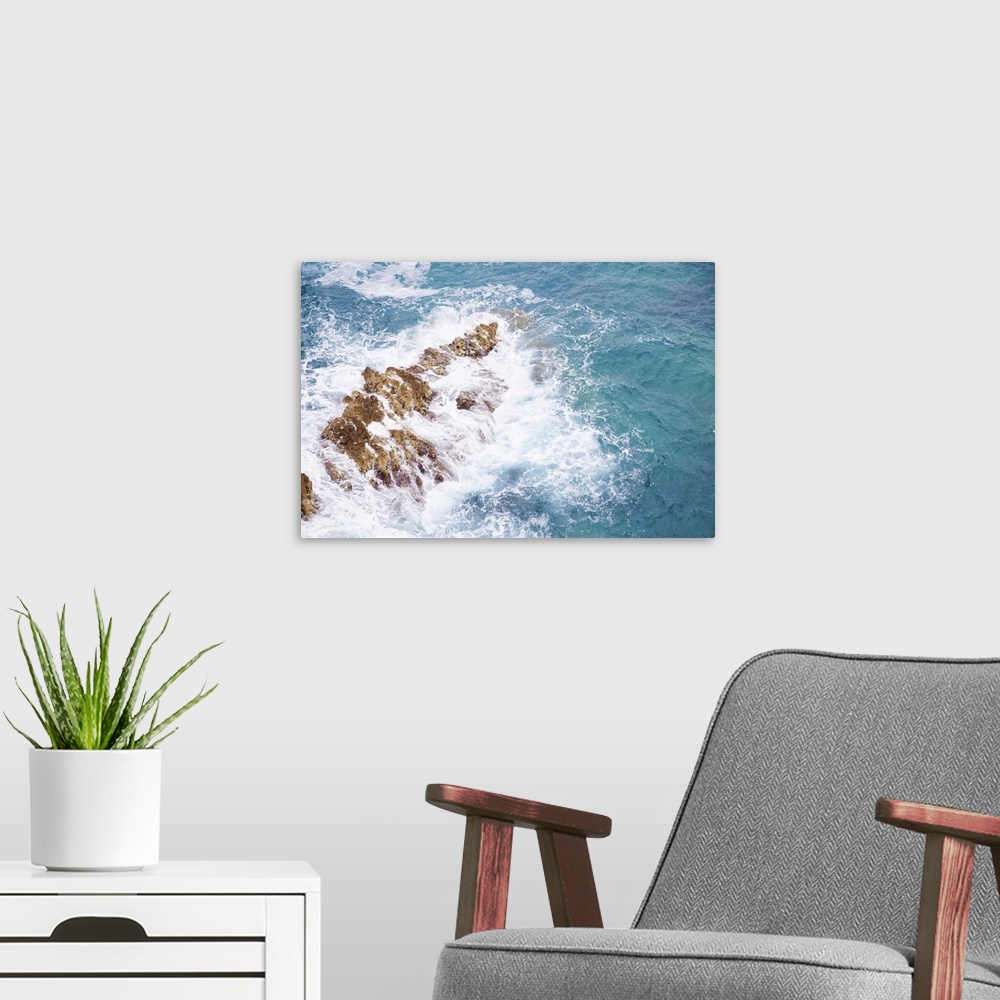 A modern room featuring Exciting sea and rocks. Coniferous trees on the beach.