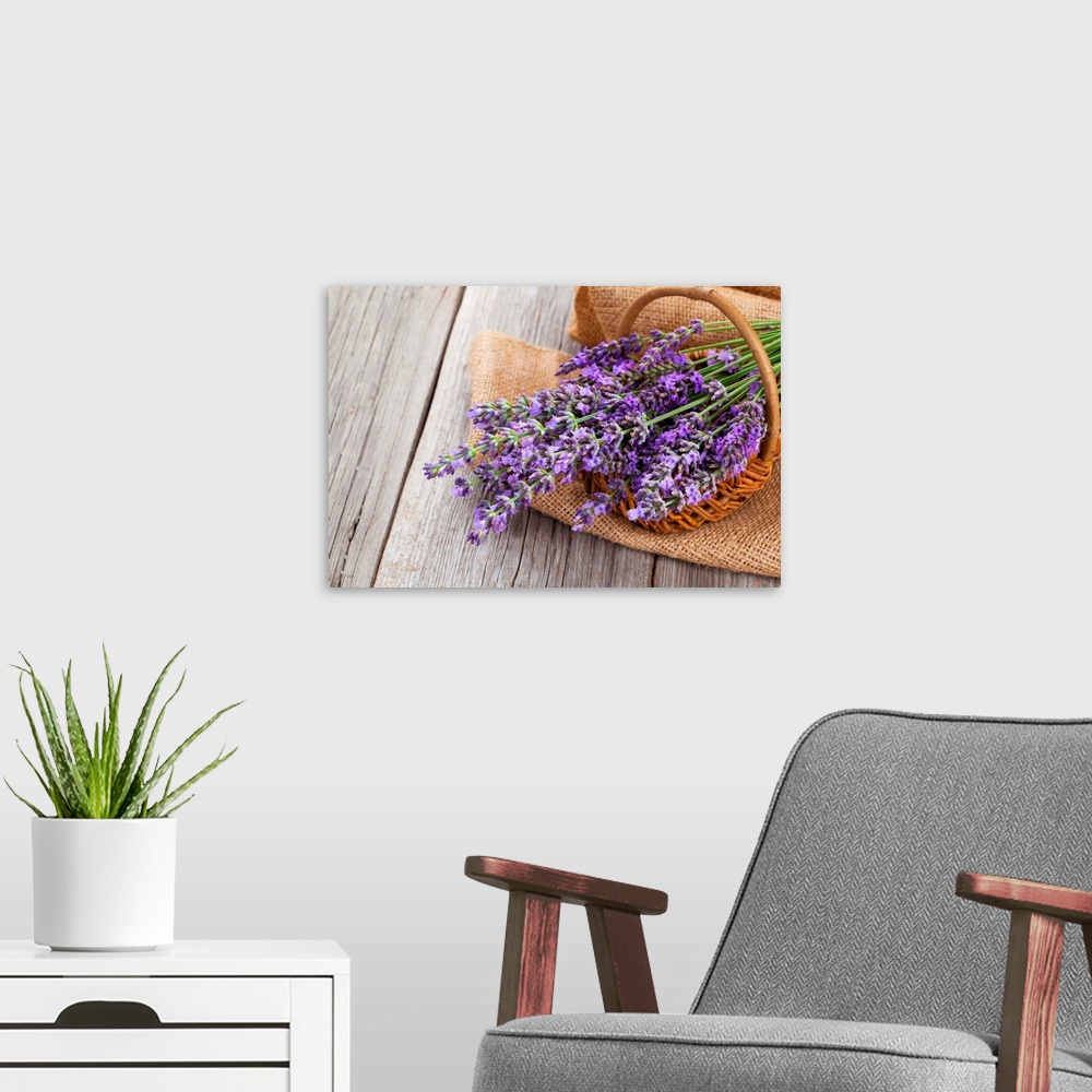 A modern room featuring Lavender Flowers In A Basket With Burlap On The Wooden Background.