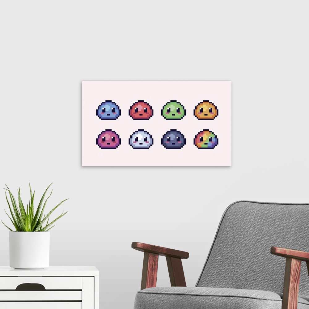 A modern room featuring Set of cute colorful blobs with eyes. Kawaii ooze 8 bit sprite.