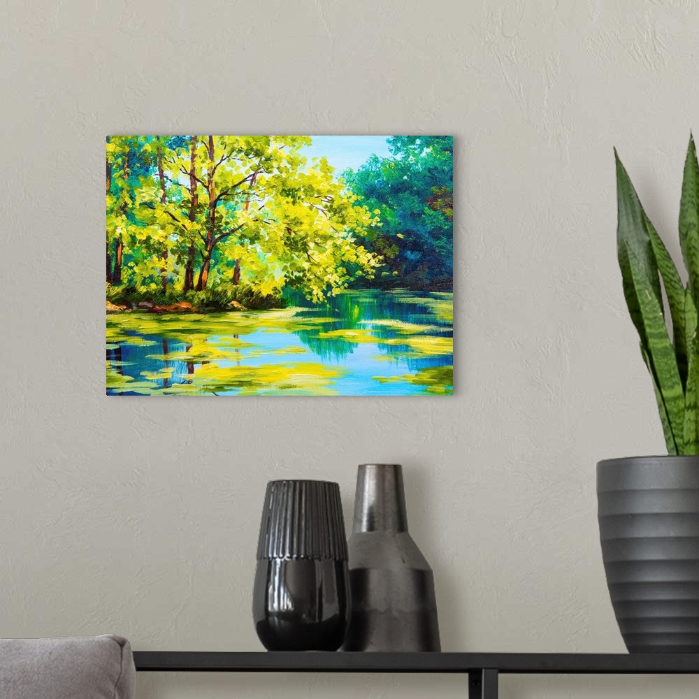 A modern room featuring Oil painting of a lake in a forest.