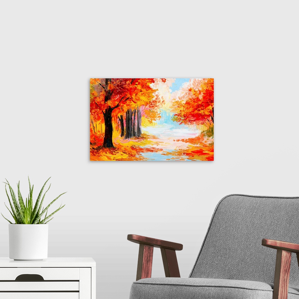 A modern room featuring Oil painting of a landscape in autumn foliage.