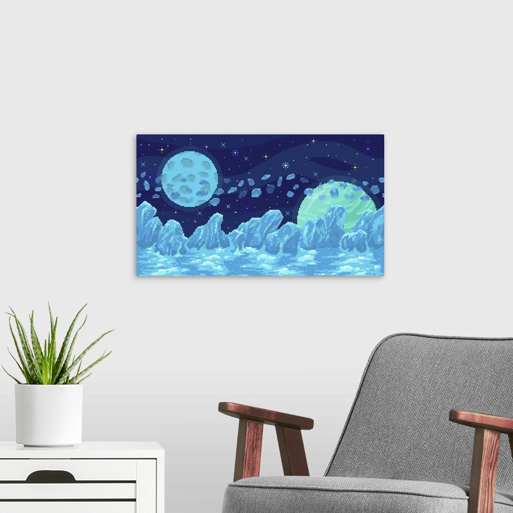 A modern room featuring Space pixel art. Ice landscape with mountains, planet and stars. 8 bit galaxy area with few planets.