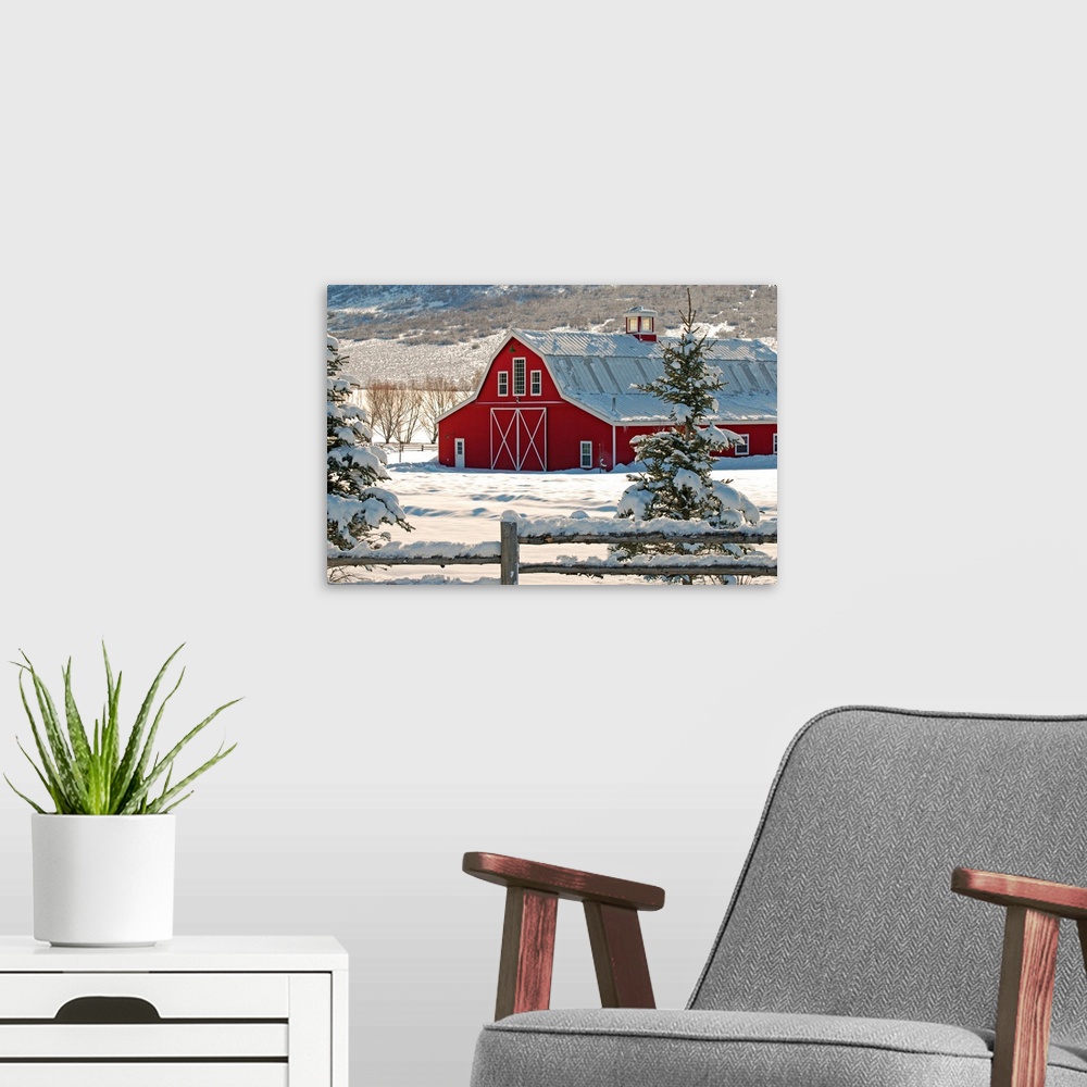 A modern room featuring Red Barn with Snow
