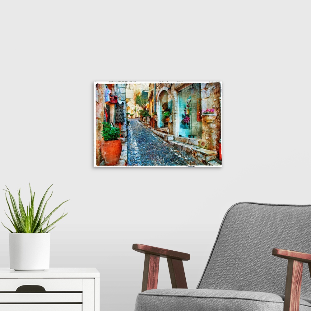A modern room featuring charming villages of Provance, France - artwork in painting styl