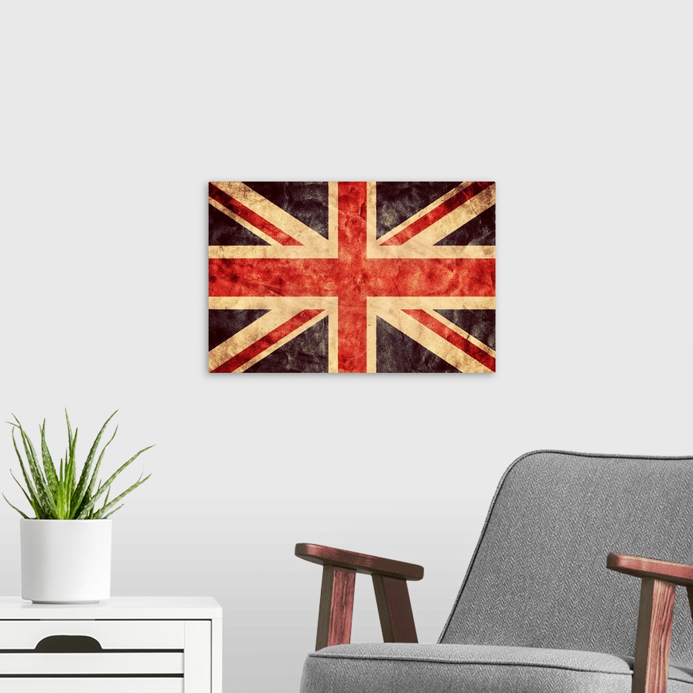 A modern room featuring The United Kingdom or Union Jack grunge flag. Vintage, retro style.