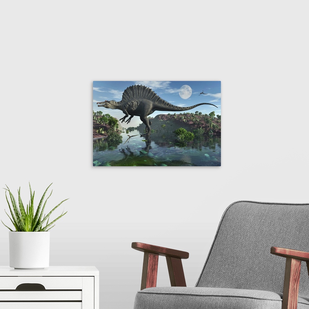 A modern room featuring A carnivorous Spinosaurus during Earth's Cretaceous period.