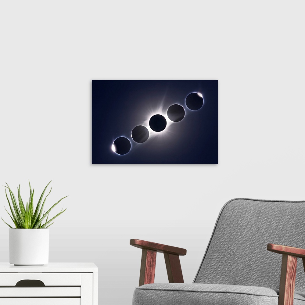 A modern room featuring A composite of the August 21, 2017 total eclipse of the Sun.