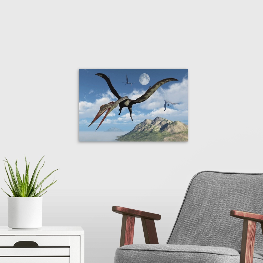 A modern room featuring A flock of large Quetzalcoatlus flying over a prehistoric era island.