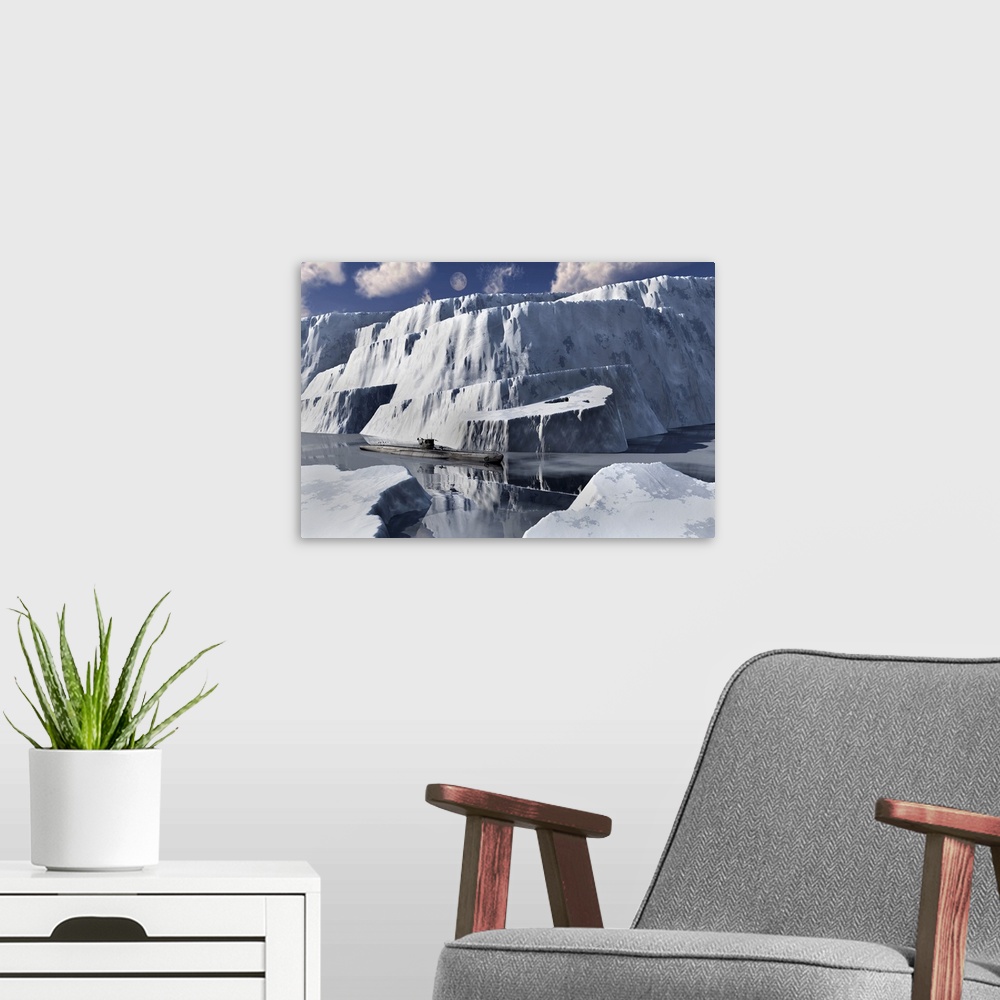 A modern room featuring A Nazi German U-boa making its way to the mysterious Base 211 in the Antarctic.