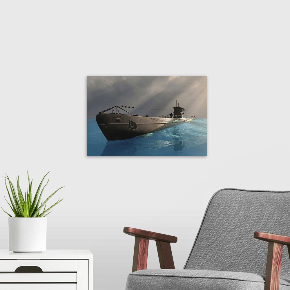 A modern room featuring A Nazi German U-boat sailing on the waters surface during patrol hunting for allied shipping.