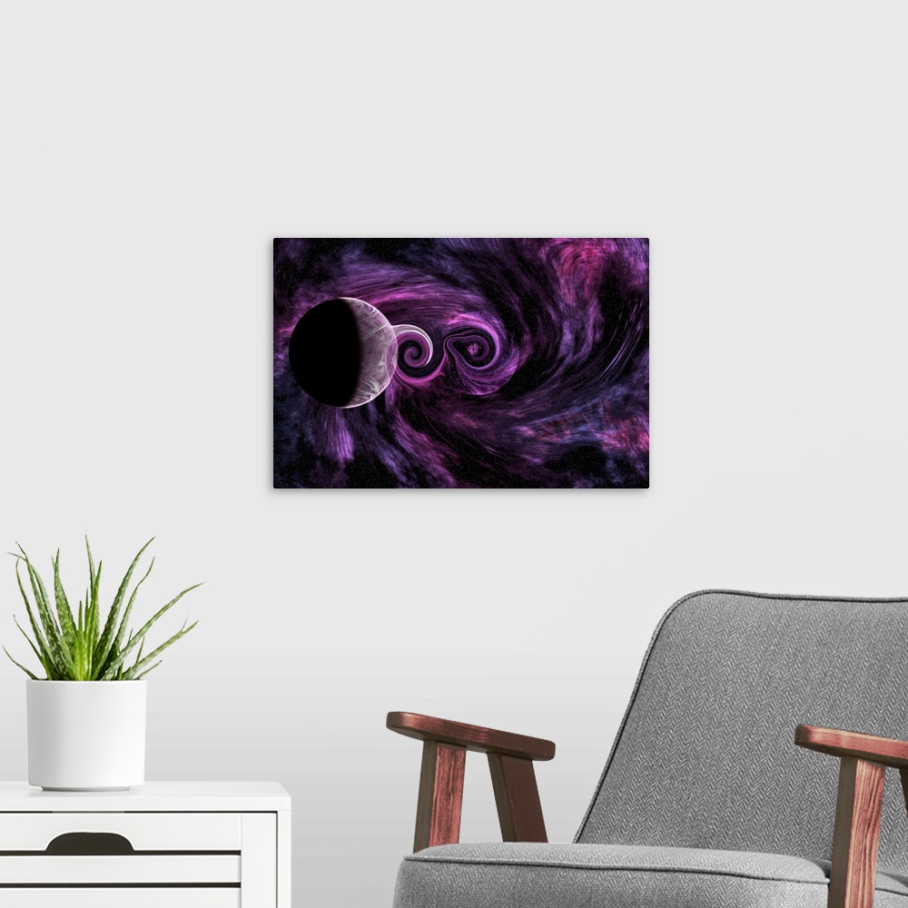A modern room featuring A rogue planet being pulled into a black hole.