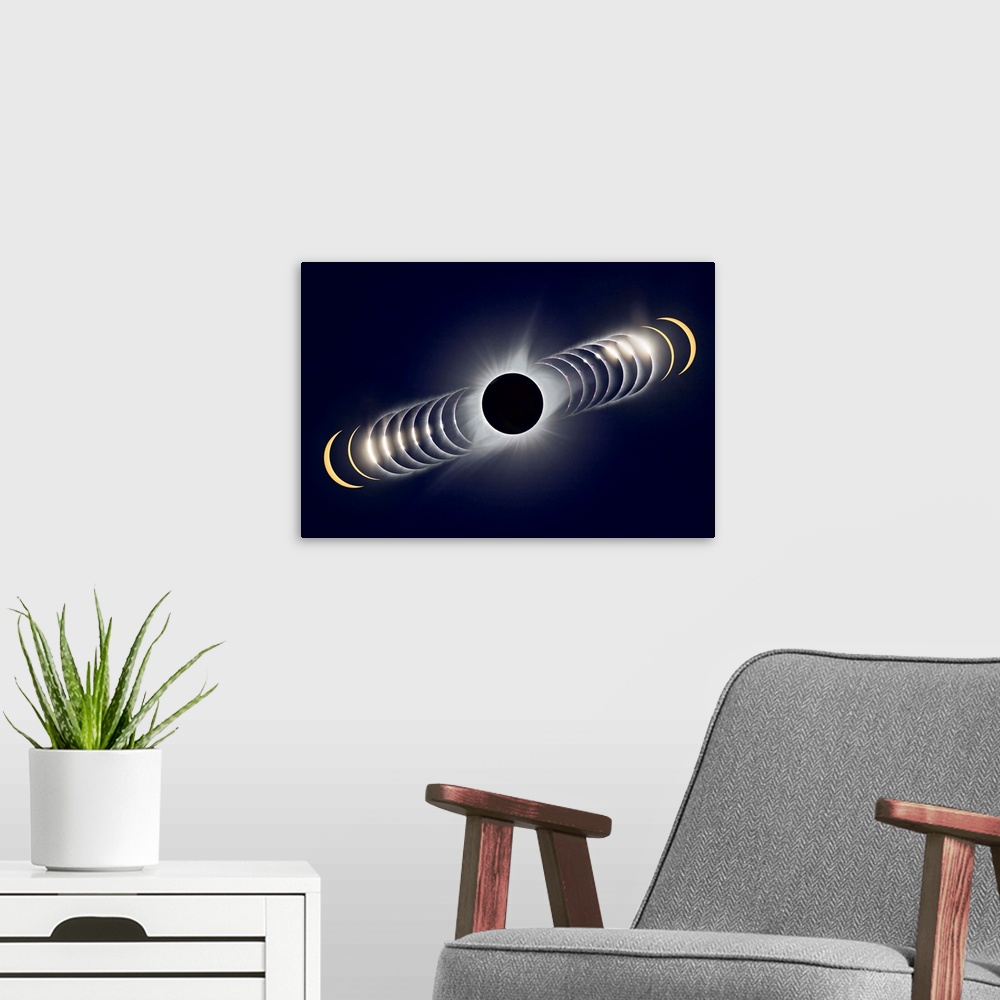 A modern room featuring A time-sequence composite of the August 21, 2017 total solar eclipse.