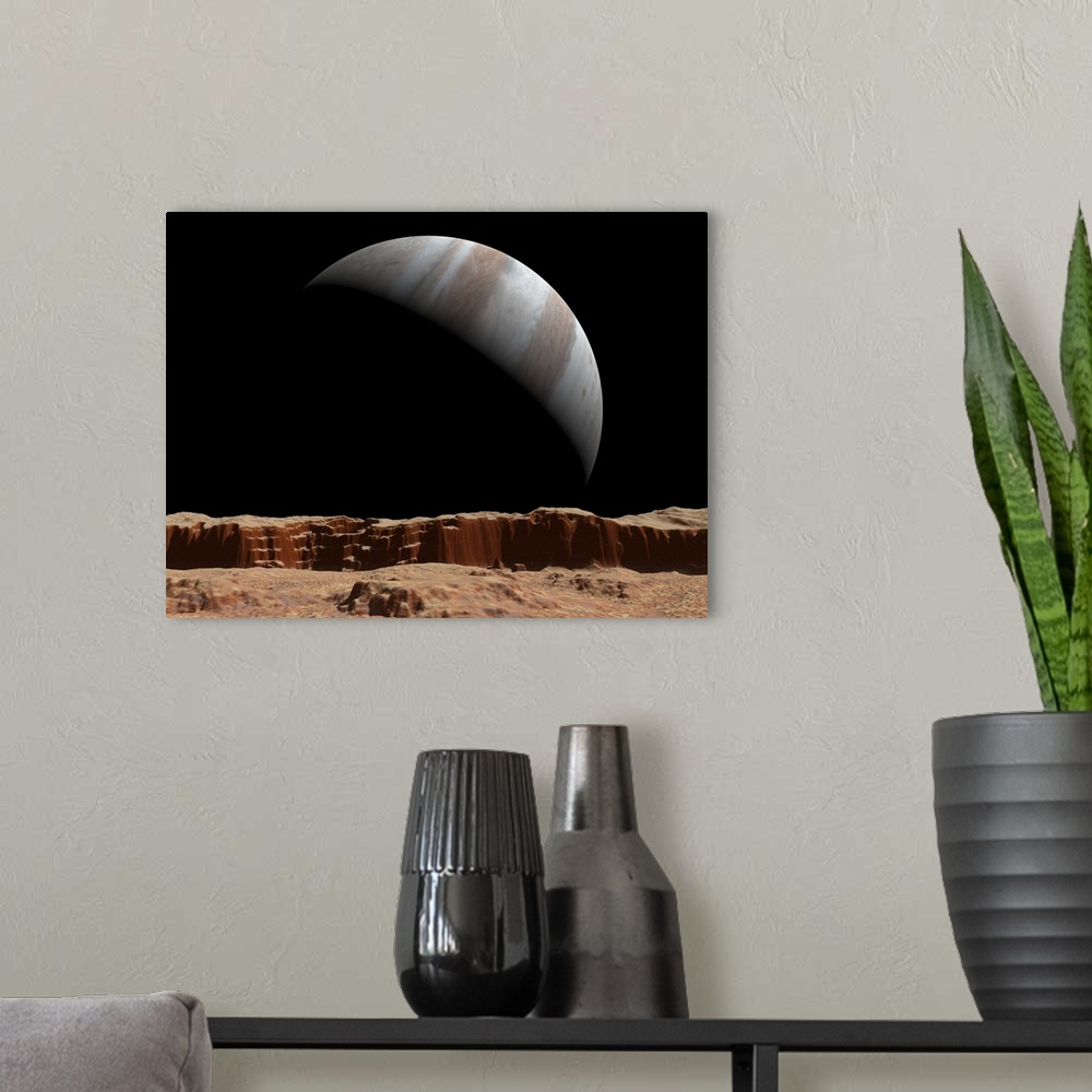 A modern room featuring Artist's concept of a view towards Jupiter across the surface of Io.