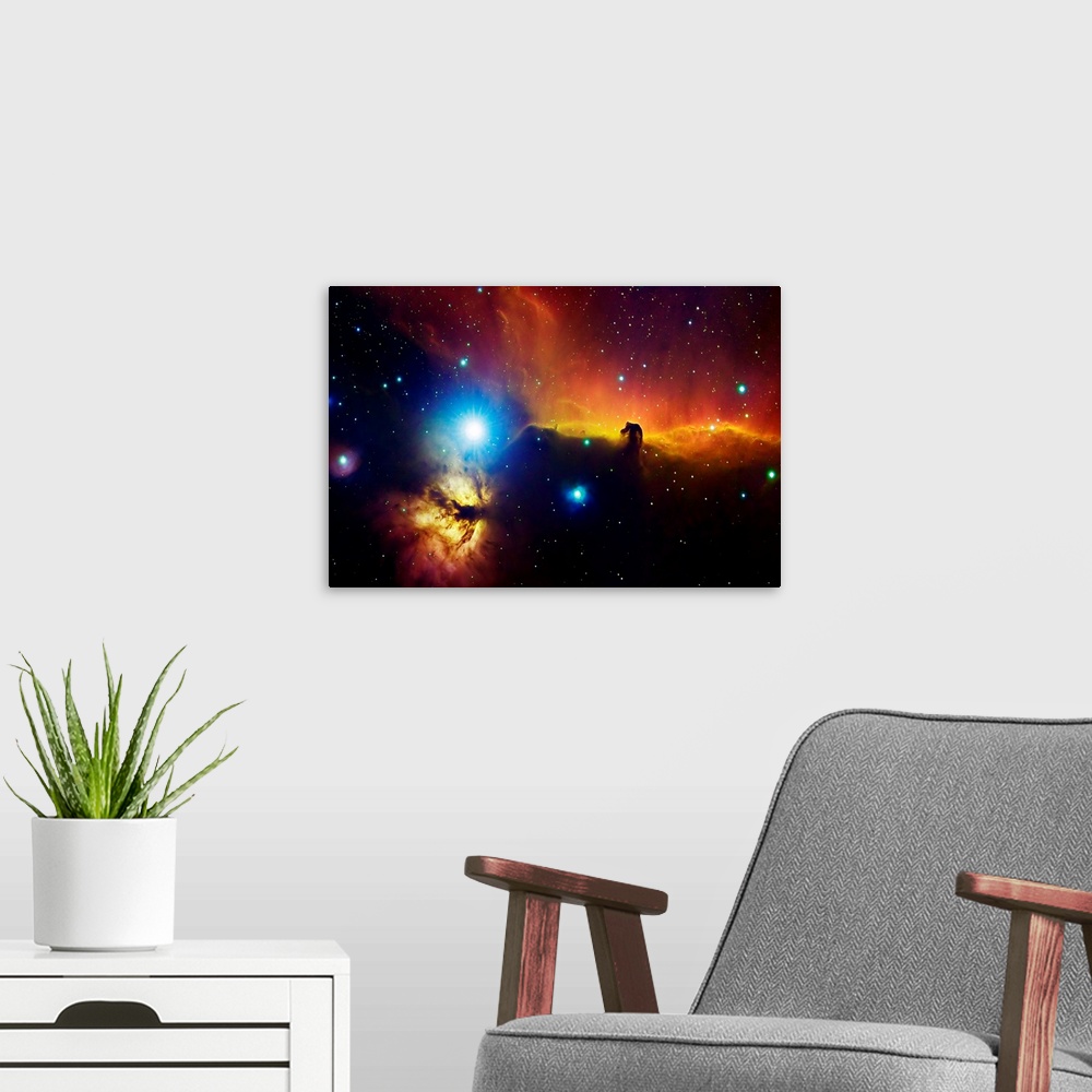 A modern room featuring Big photograph showcases a star filled sky within the Alnitak region in Orion Flame Nebula that f...