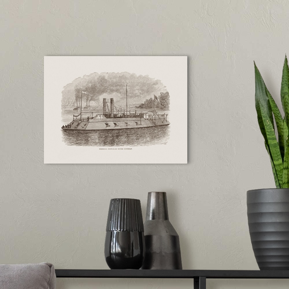A modern room featuring American Civil War history engraved print of a Union ironclad river gunboat.