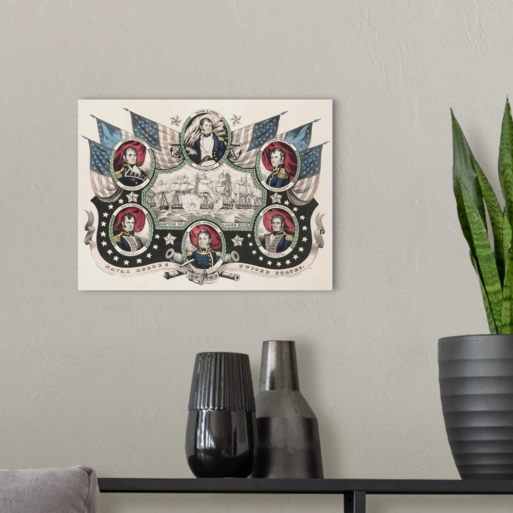 A modern room featuring American history print showing Naval heroes of the United States.