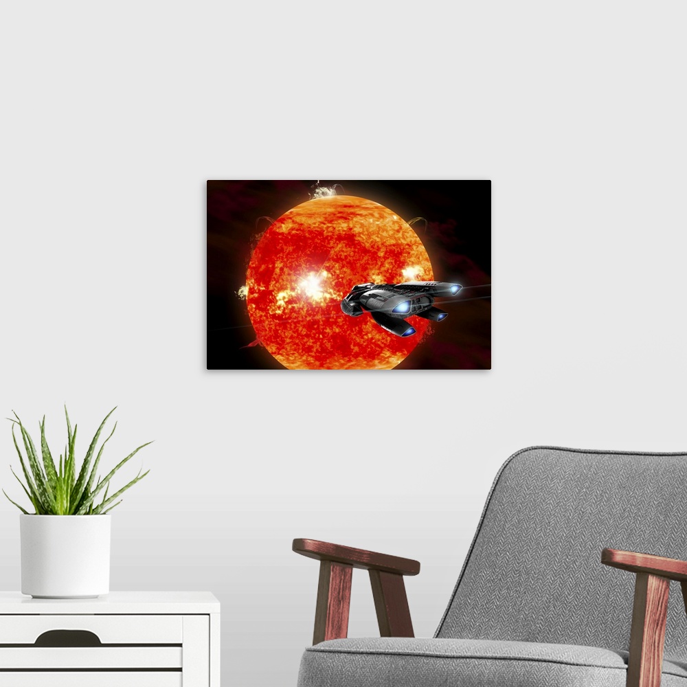 A modern room featuring An ion drive powered exploration spaceship approaches a violent, new red star.