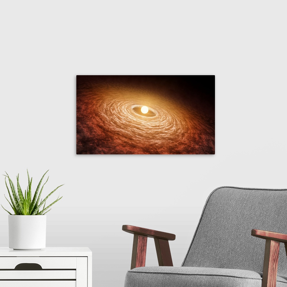 A modern room featuring Artist concept illustrating disk of material surrounding star FU Orionis.