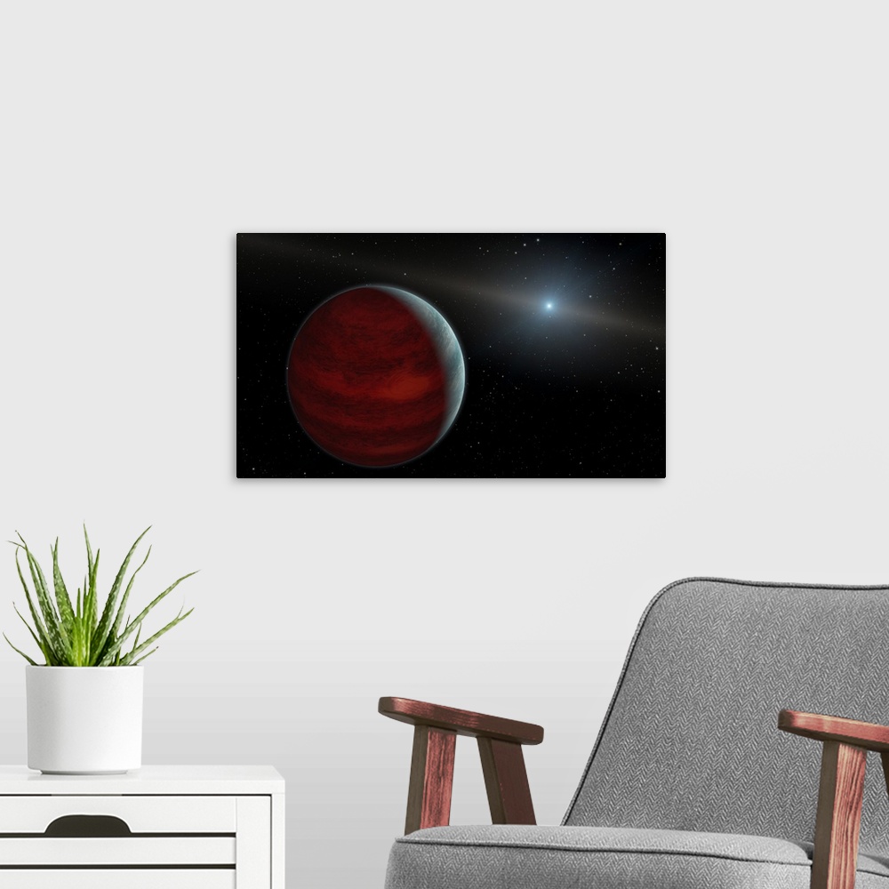 A modern room featuring Artist concept of a gas giant planet around a white dwarf star.