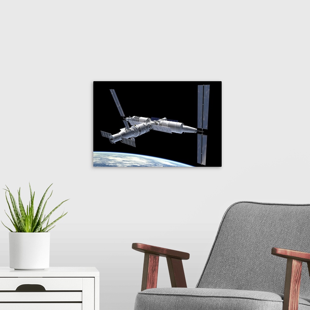 A modern room featuring Artist's concept of the Chinese space station Tiangon-3 in orbit.
