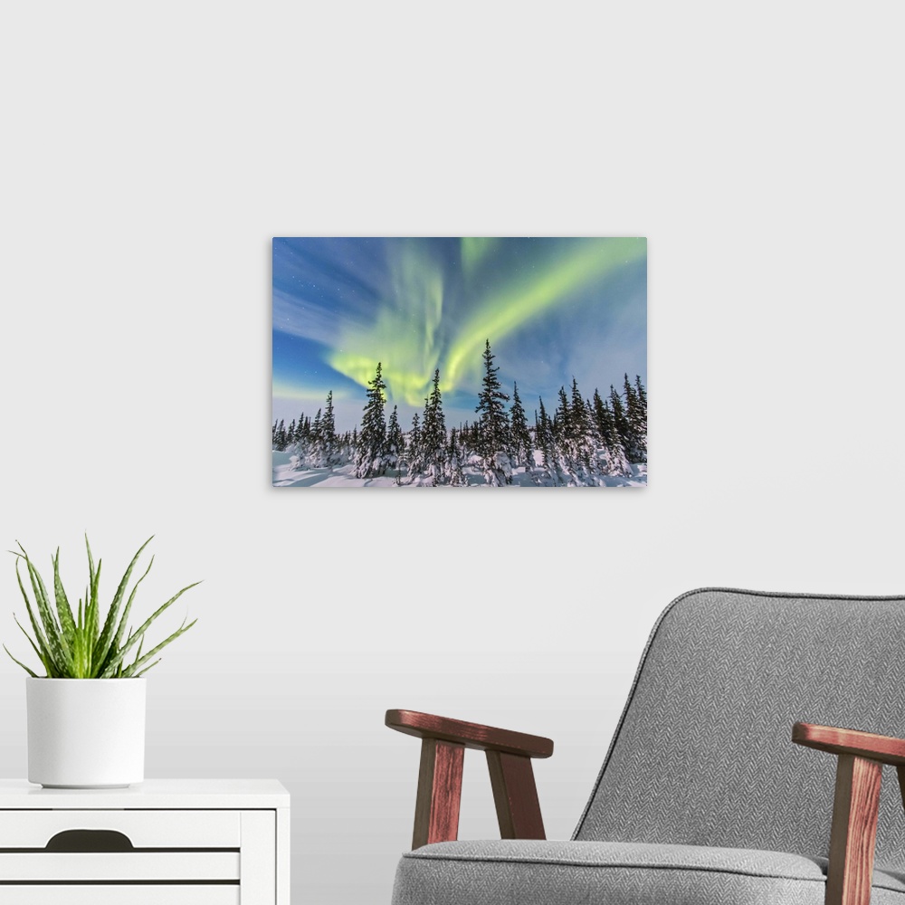 A modern room featuring February 9, 2014 - Aurora borealis seen from Churchill, Manitoba, Canada, in a view looking north...