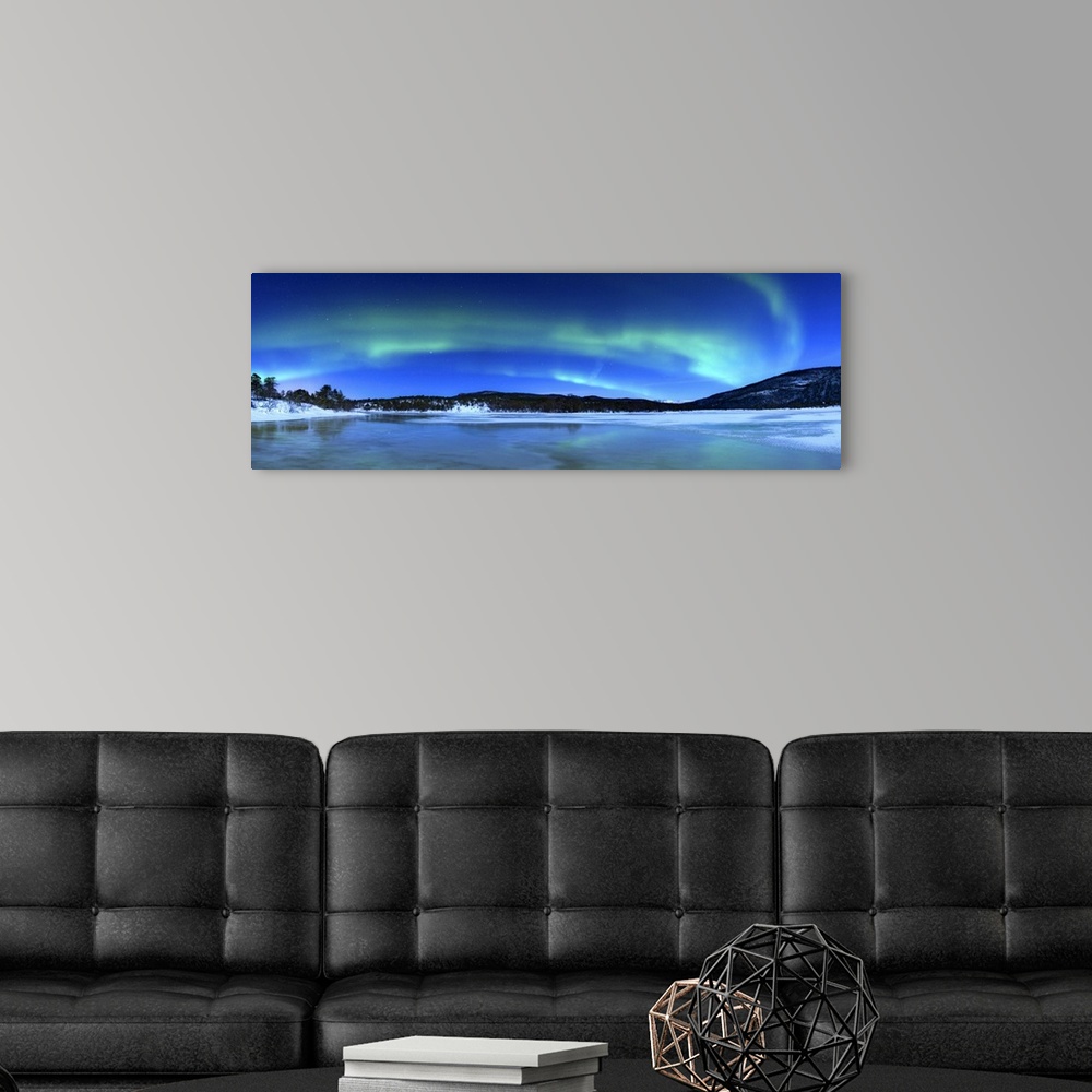 A modern room featuring Aurora Borealis, Tennevik Lake, Troms, Norway..
