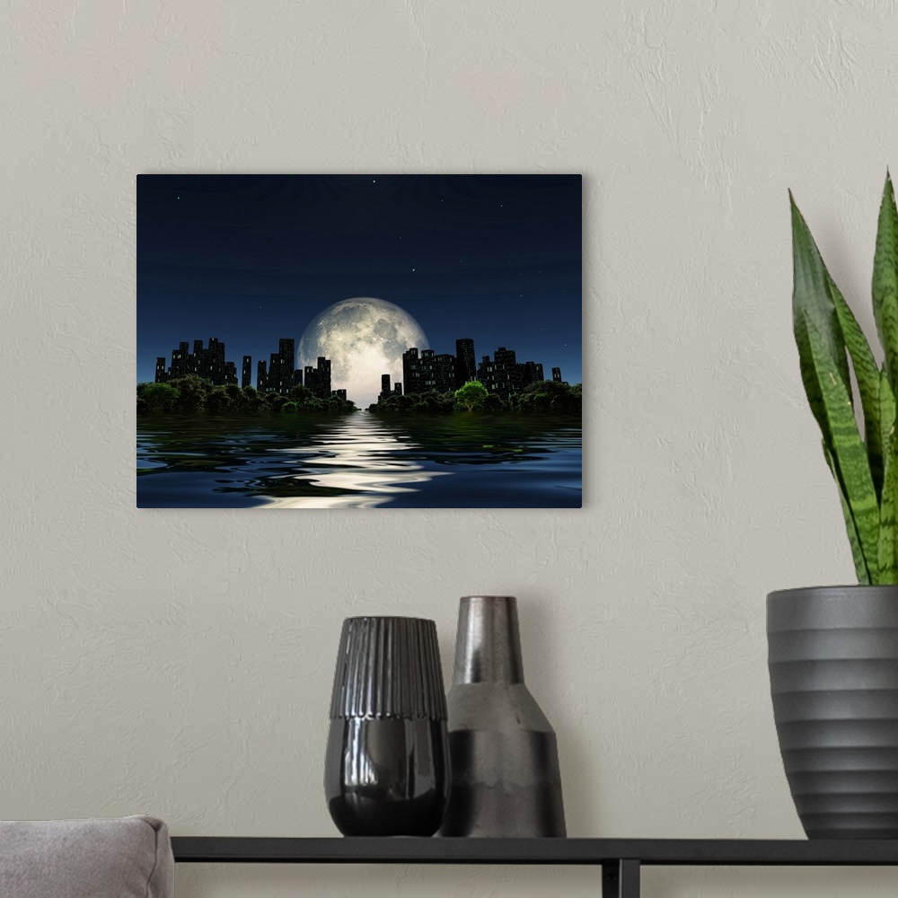 A modern room featuring City surrounded by green trees in water world with a giant moon in the sky.