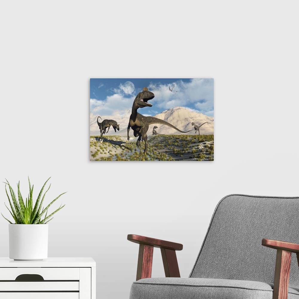 A modern room featuring Cryolophosaurus dinosaurs roaming during the Jurassic period.