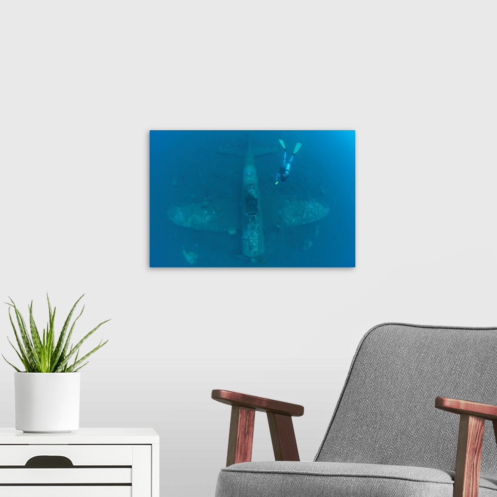 A modern room featuring Diver explores the wreck of a Mitsubishi Zero fighter plane.