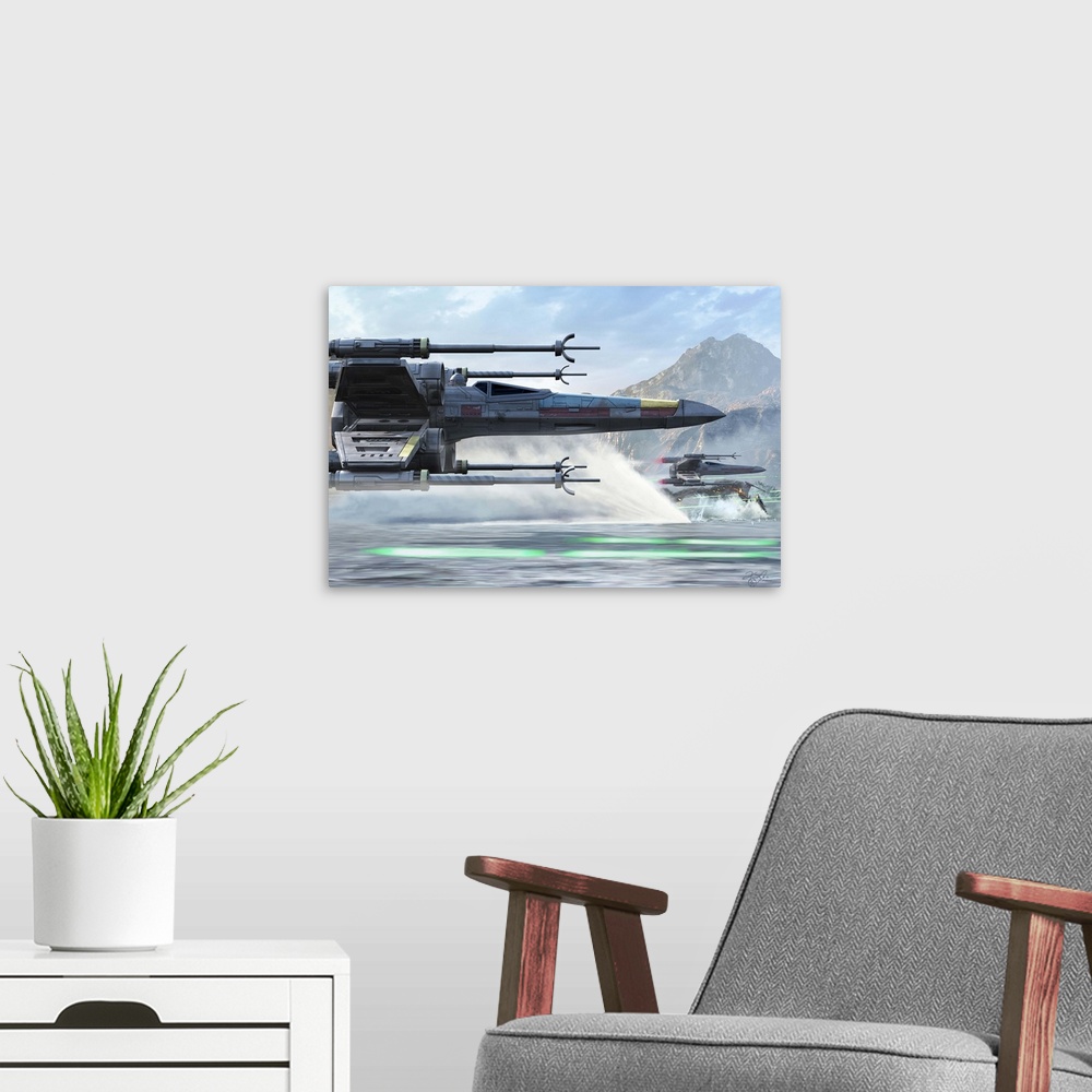 A modern room featuring Side view of an X-Wing ship flying low over water.