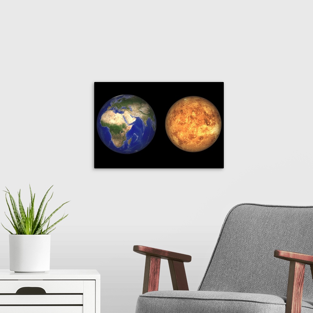 A modern room featuring Artist's concept showing Earth and Venus without their atmospheres.