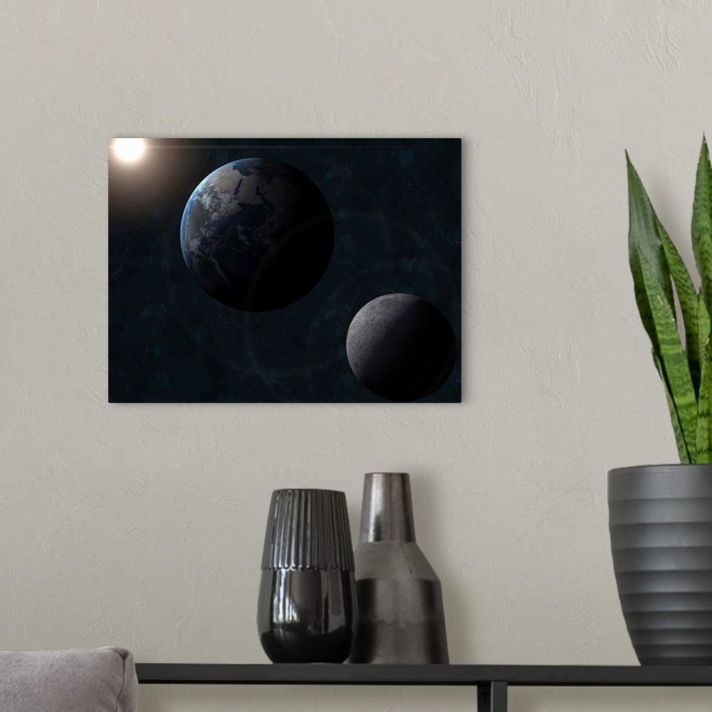 A modern room featuring Earth moon and the sun