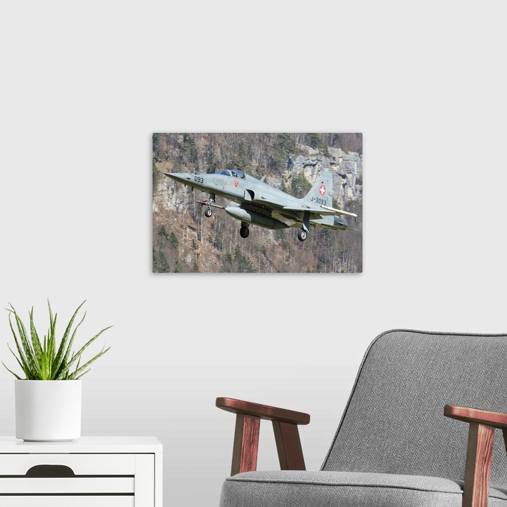A modern room featuring F-5E Tiger II from the Swiss Air Force landing.