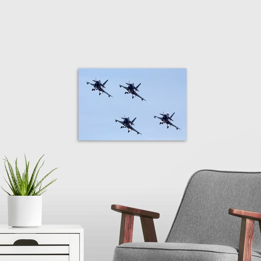 A modern room featuring Formation of J-10 aircraft of the August 1st Chinese aerobatic team.