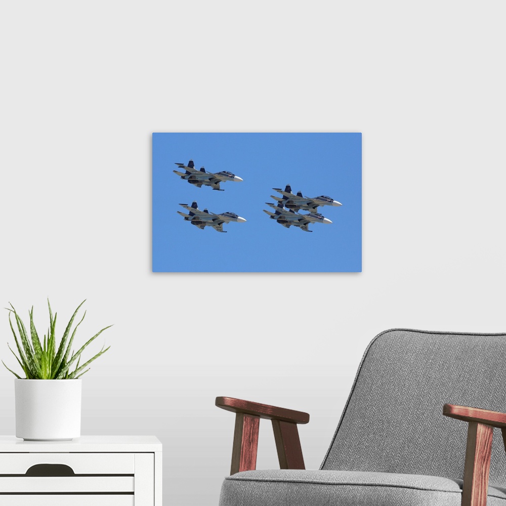 A modern room featuring Group of Su-30SM jet fighters of Russian Air Force.