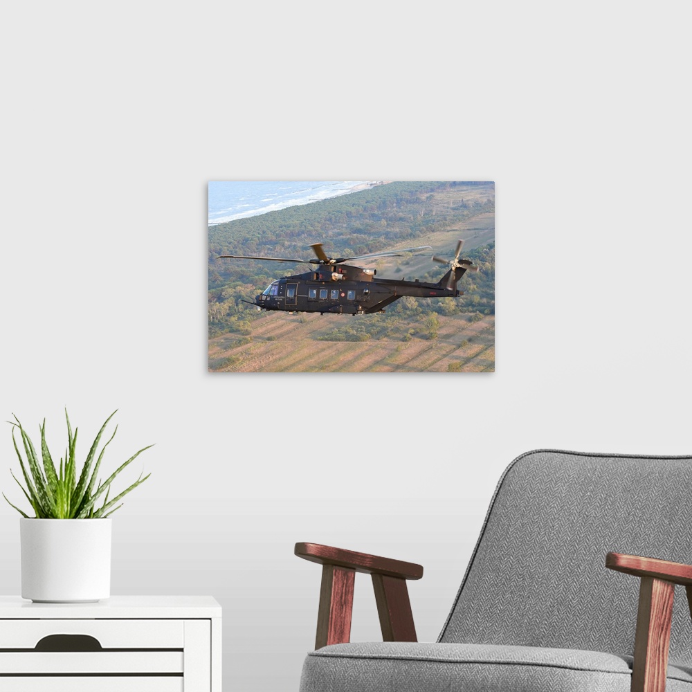 A modern room featuring HH-101A Caesar Combat-SAR helicopter of the Italian Air Force.