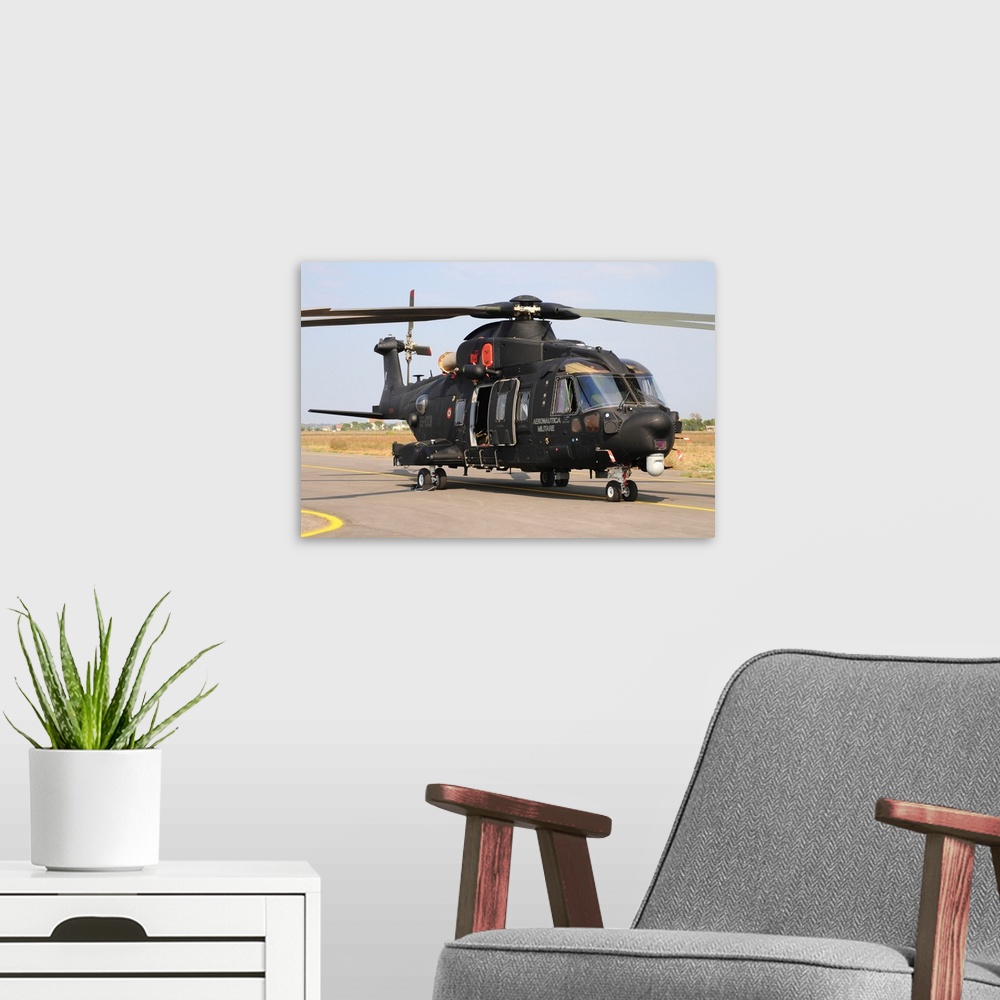 A modern room featuring HH-101A Caesar Combat-SAR helicopter of the Italian Air Force.