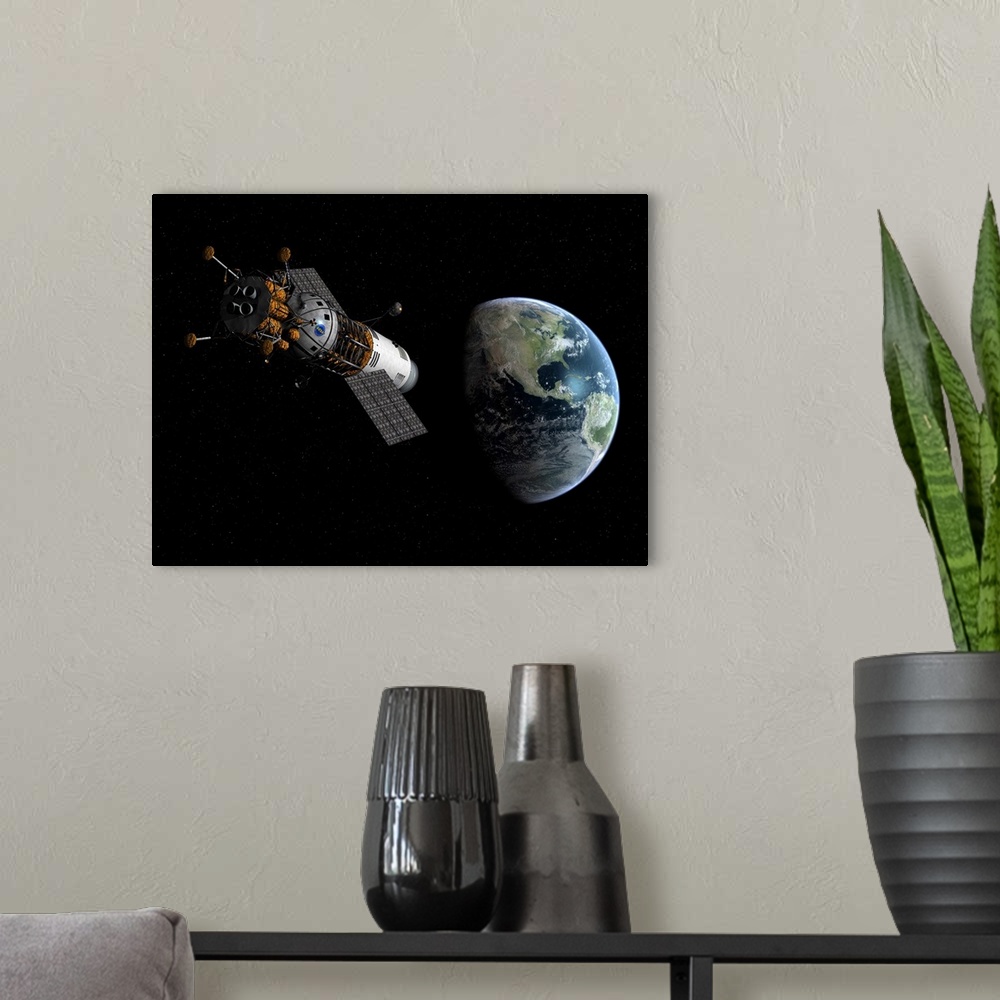 A modern room featuring Illustration of a lunar tug propelling itself into Earth orbit.