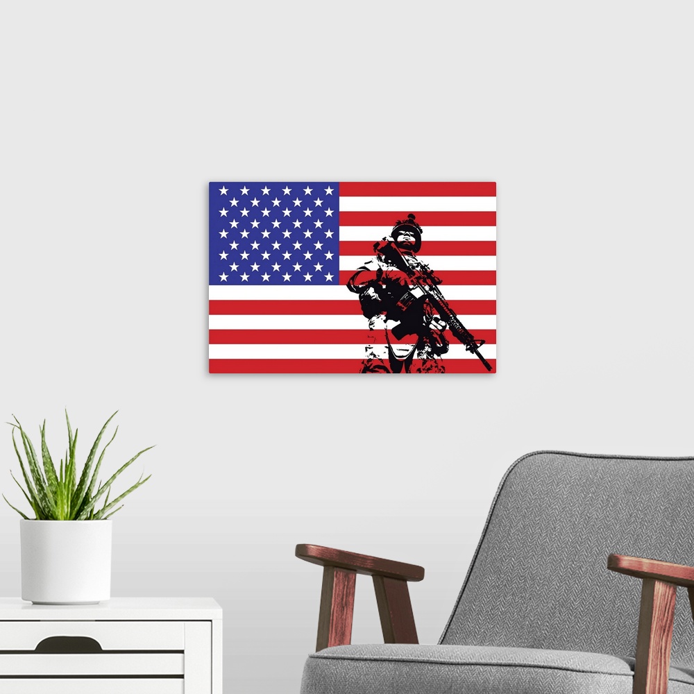A modern room featuring Illustration of U.S. Marine in front of the USA flag.